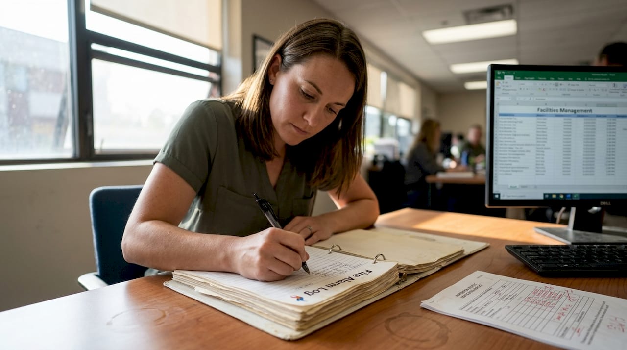 Facilities staff updating fire alarm record log