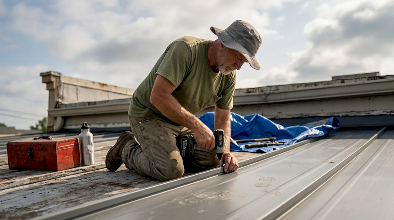 Roofer installing storm-resistant metal roofing