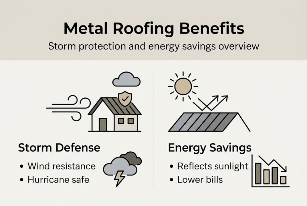 Infographic comparing storm and energy benefits of metal roofing