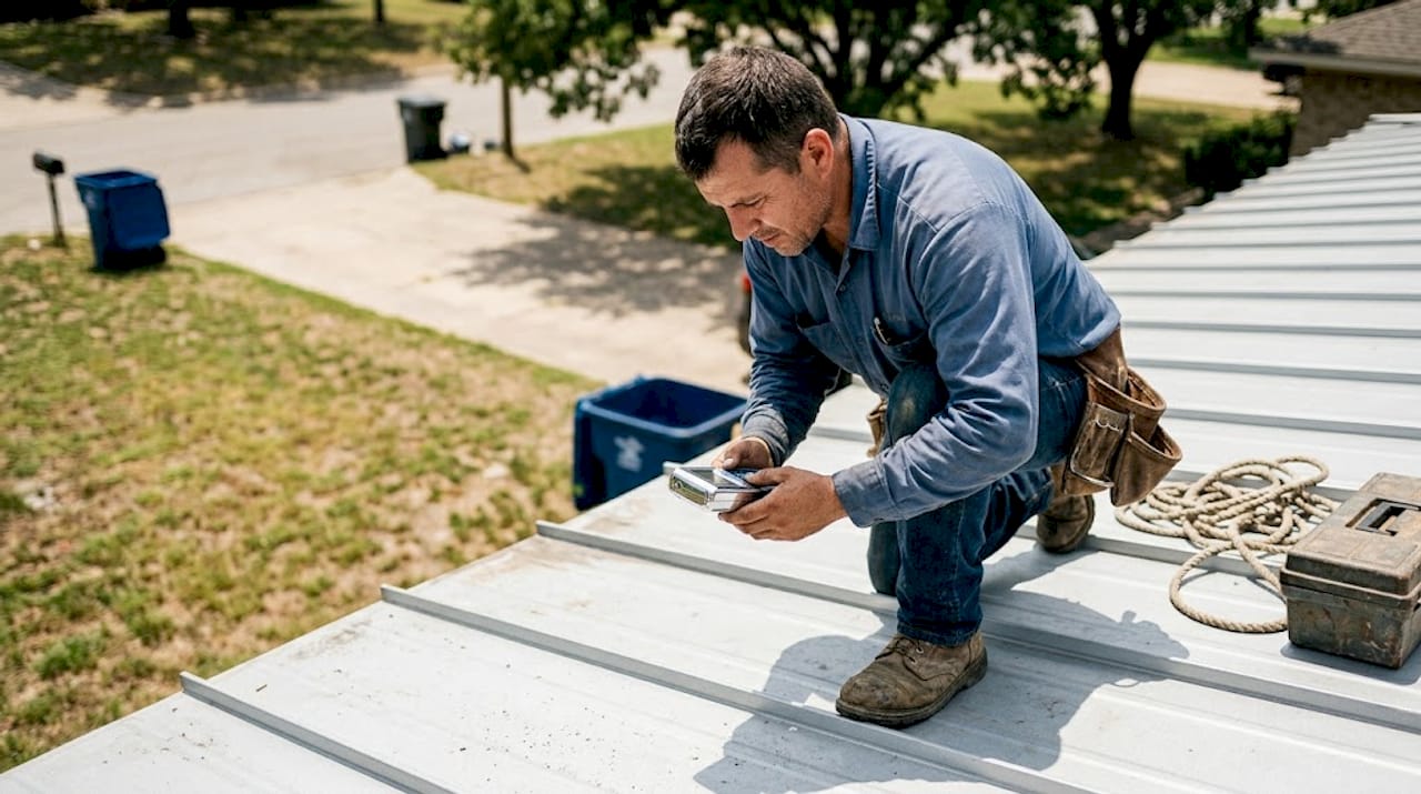 Roofer measures metal roof solar reflectance