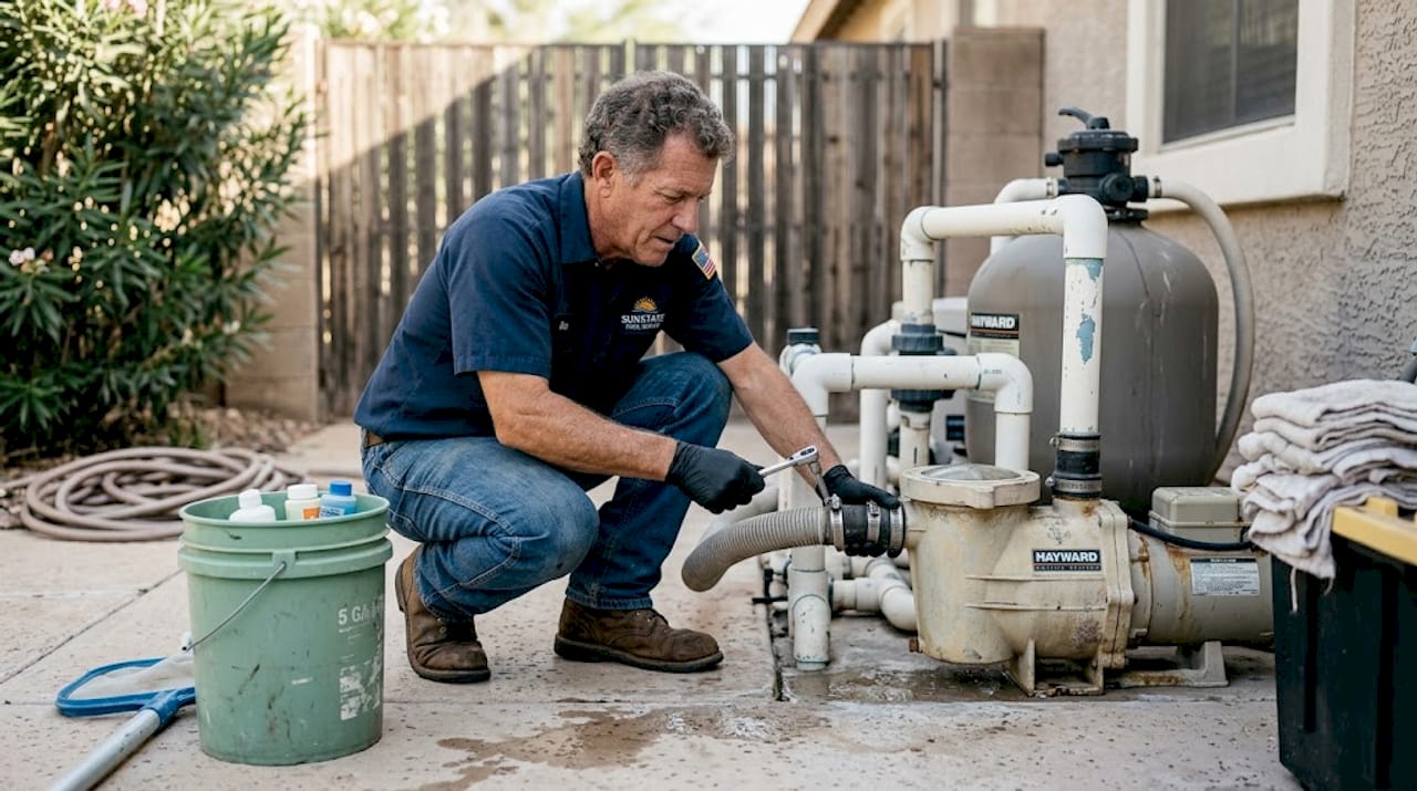 Technician servicing residential pool equipment