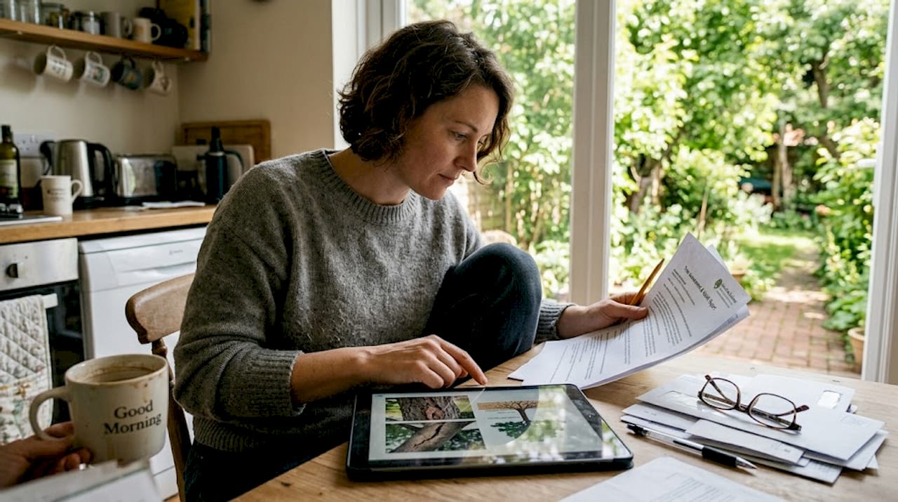 Homeowner reviews tree assessment at kitchen table