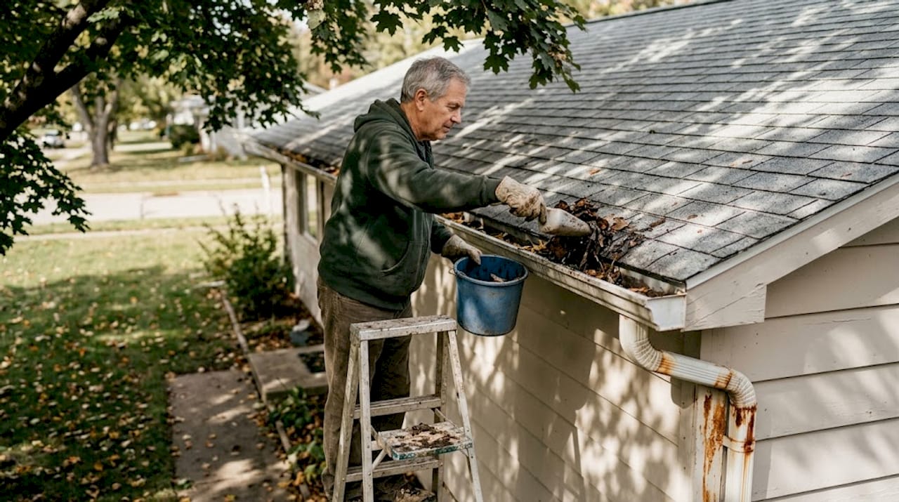 Homeowner cleaning debris from house gutter