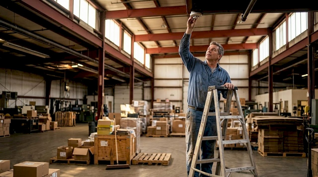 Technician inspects heat detector in warehouse