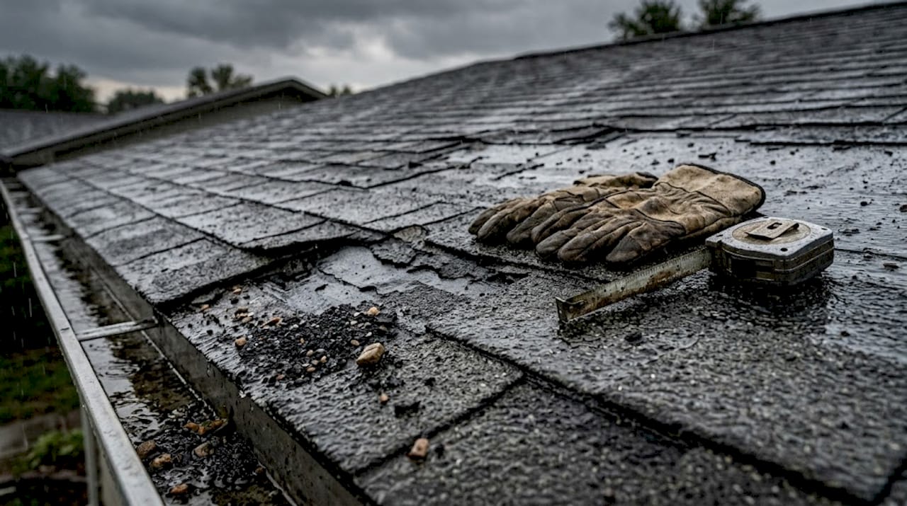 Closeup of damaged roof shingles in rain