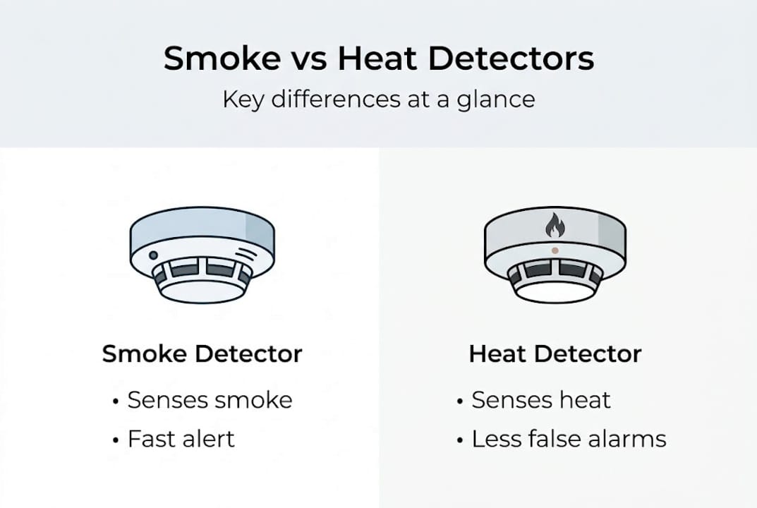 Infographic comparing smoke and heat detectors