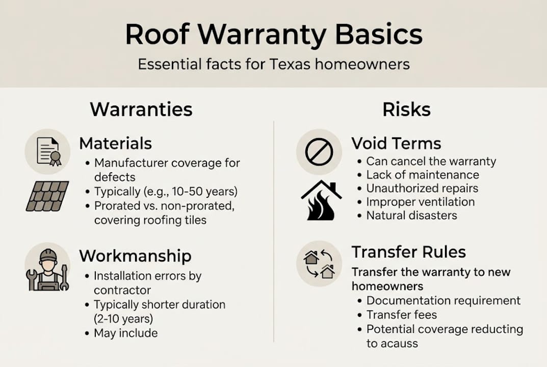 Infographic showing Texas roof warranty basics