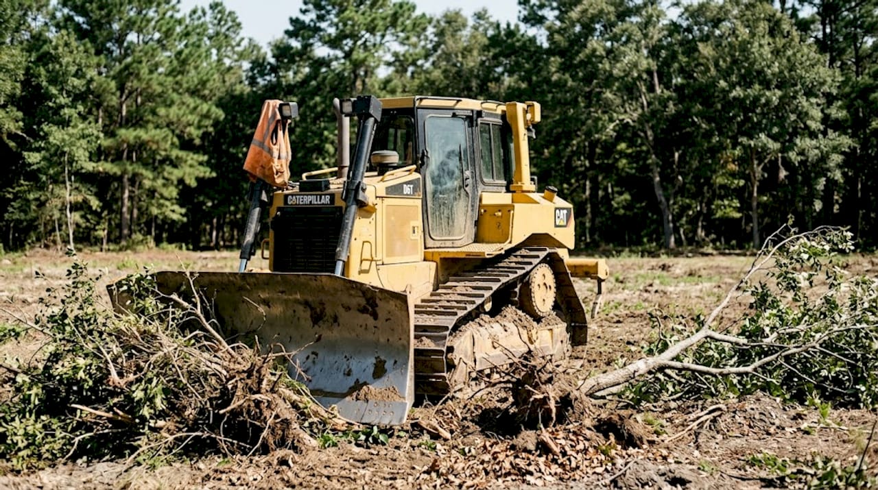 Bulldozer pushing vegetation during land clearing