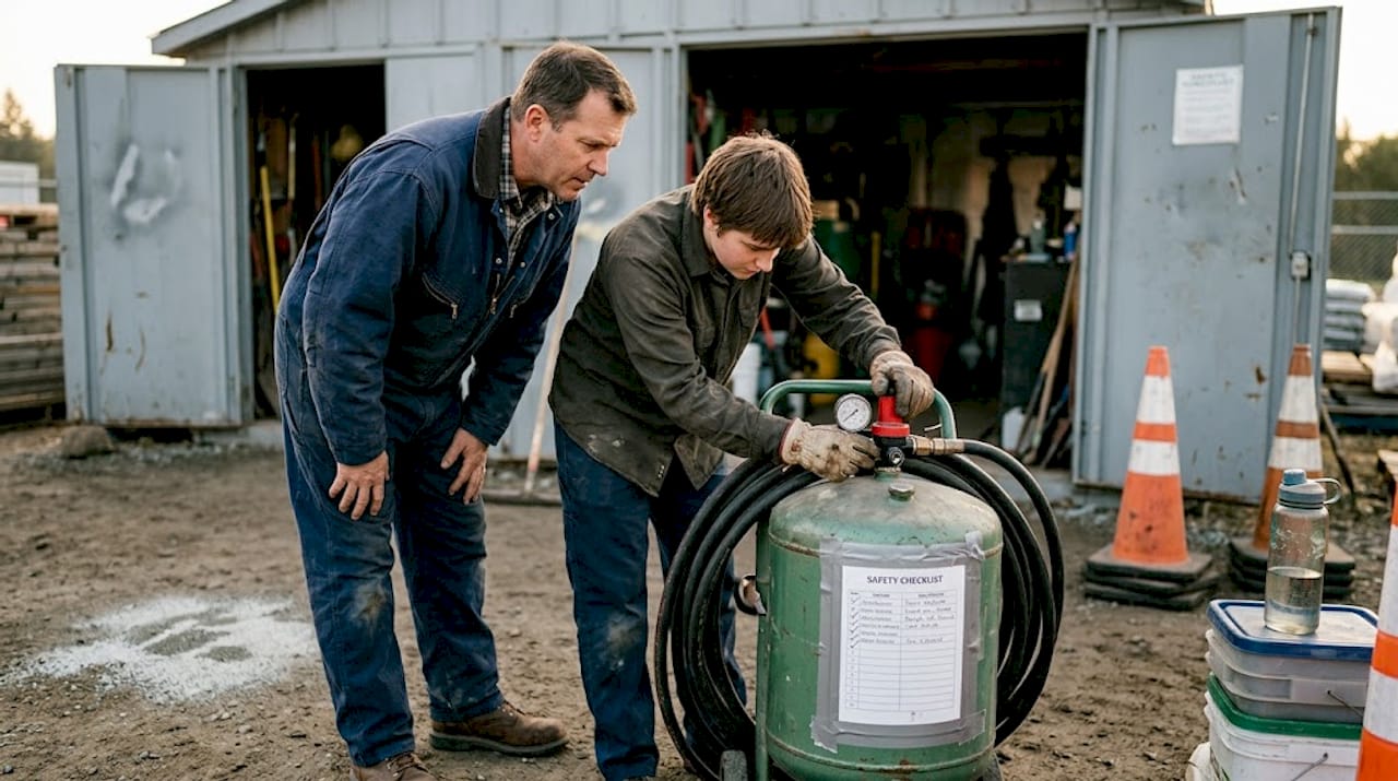 Technician adjusts grit blaster with supervisor