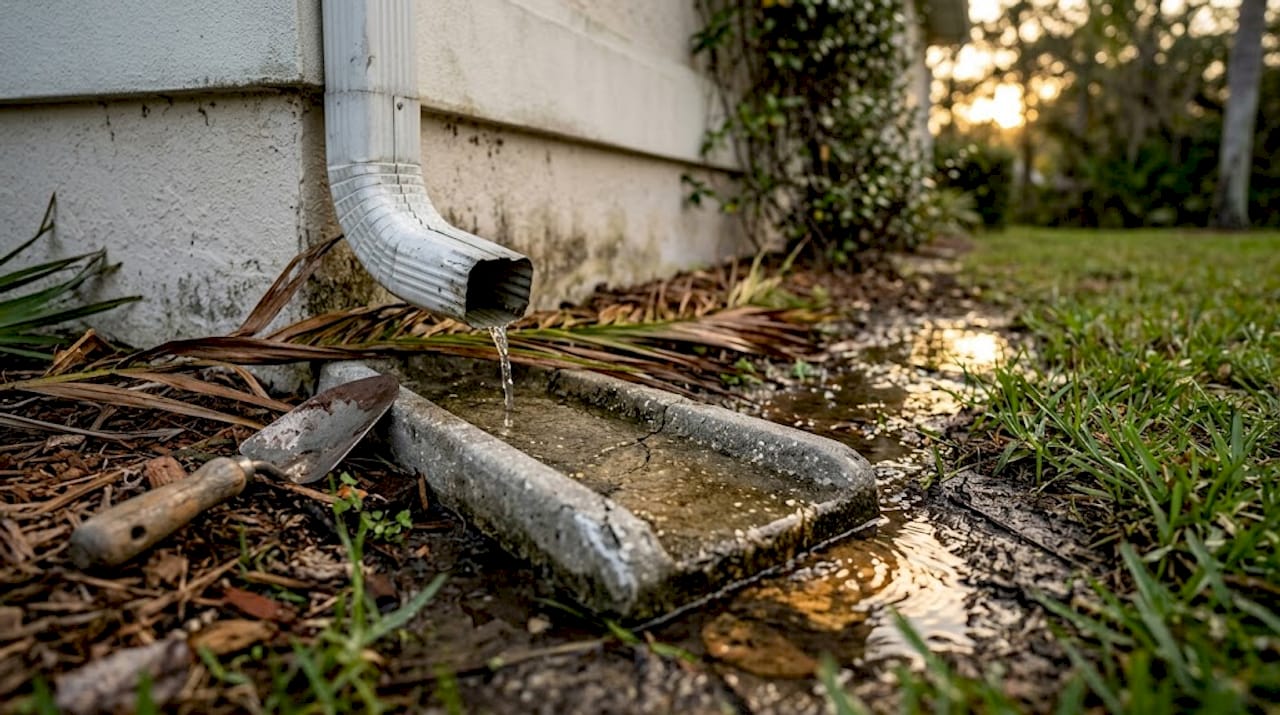 Water flowing from downspout onto splash block