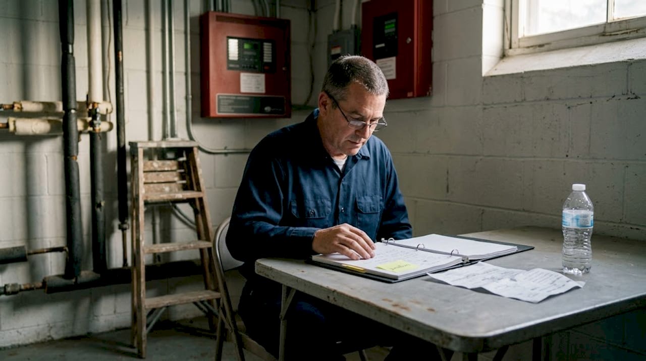 Manager reviewing urgent fire system log