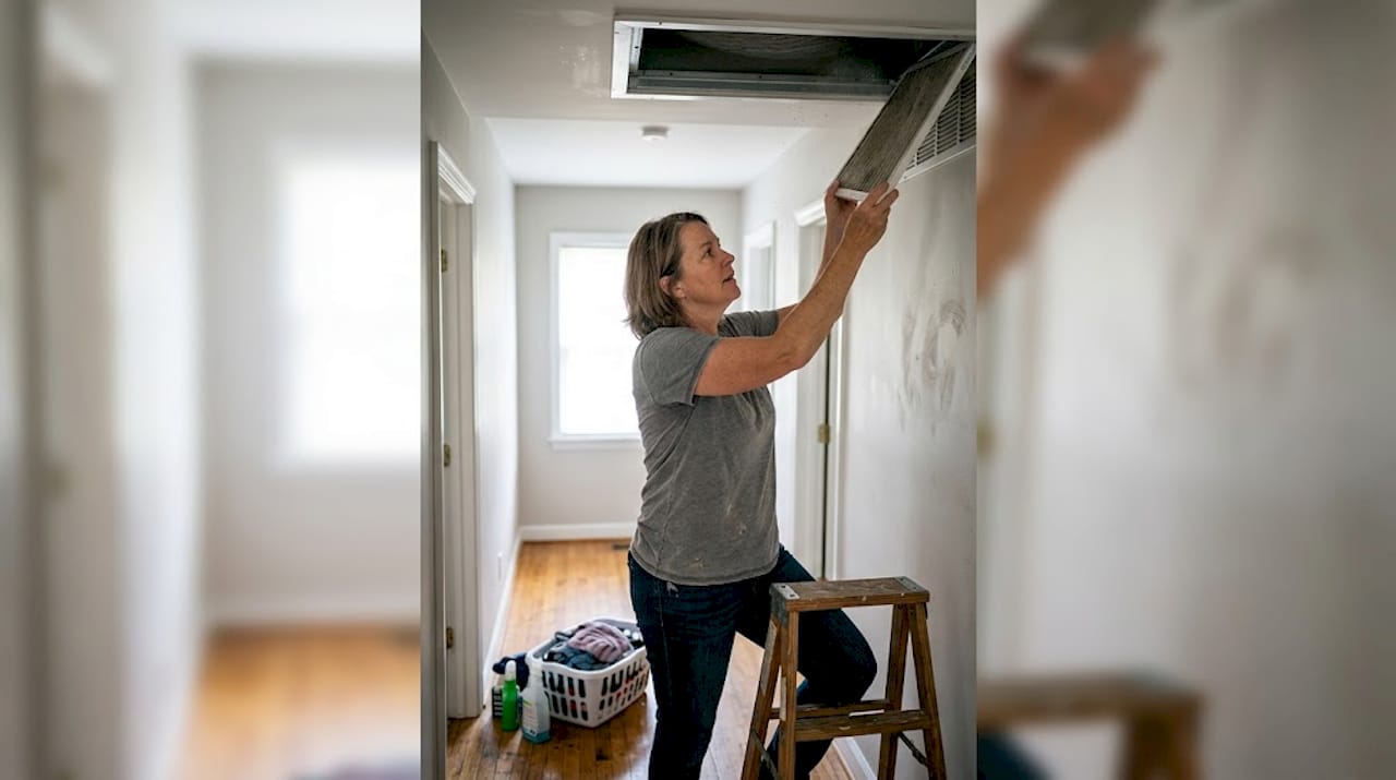 Homeowner replacing dusty HVAC air filter