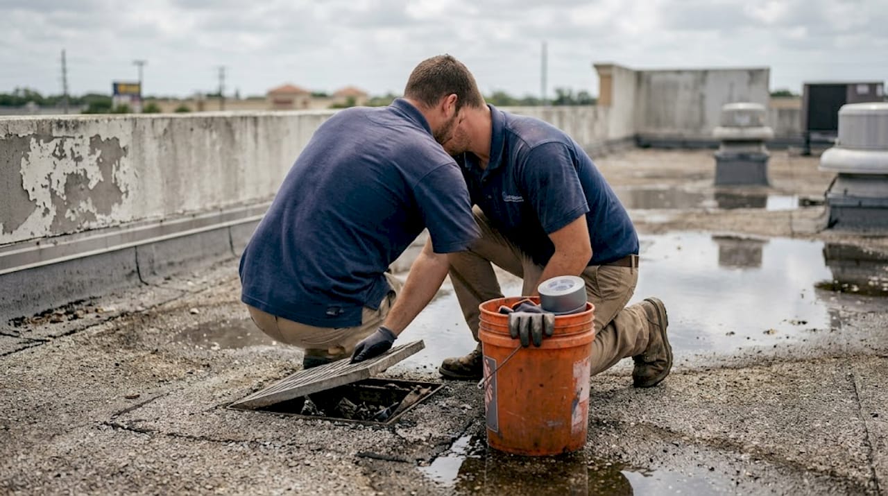 Worker inspecting Florida commercial building roof