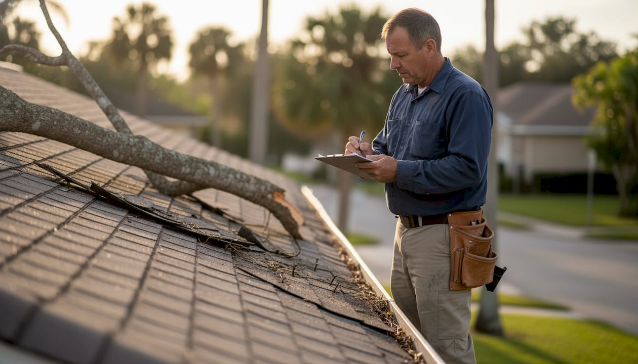 Roof inspector notes storm damage on Florida roof
