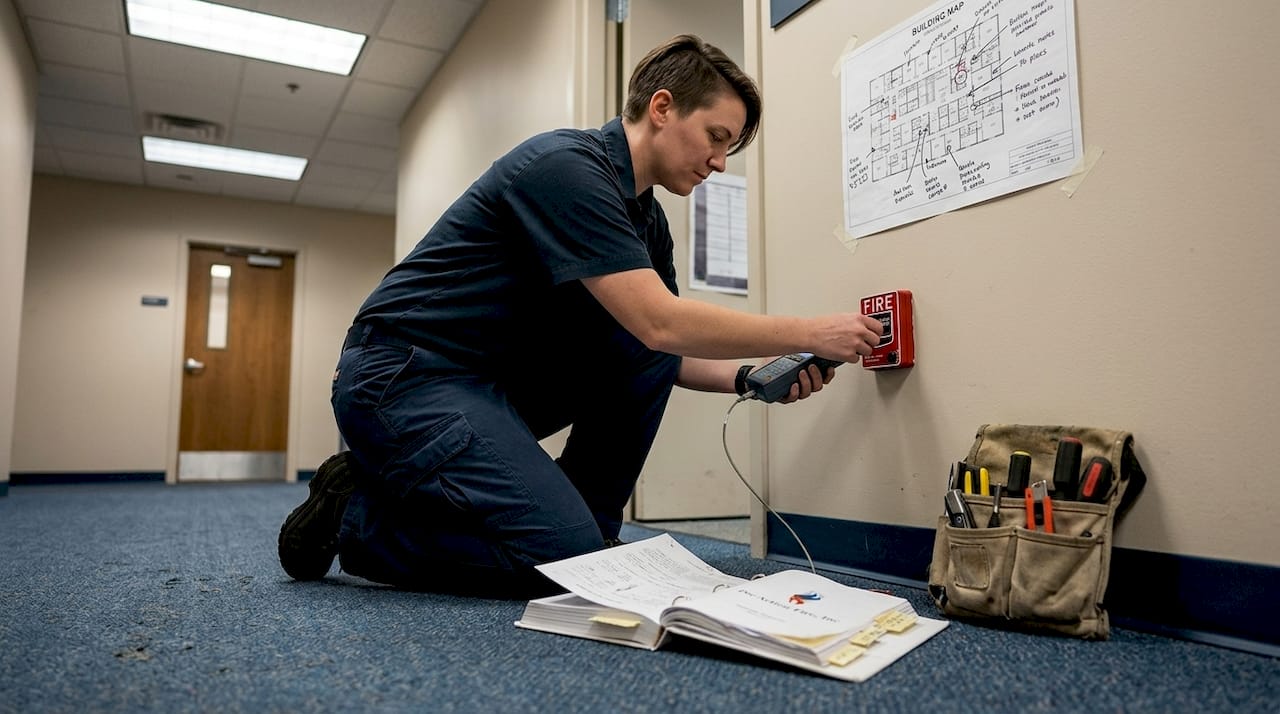 Technician updating addressable fire alarm device