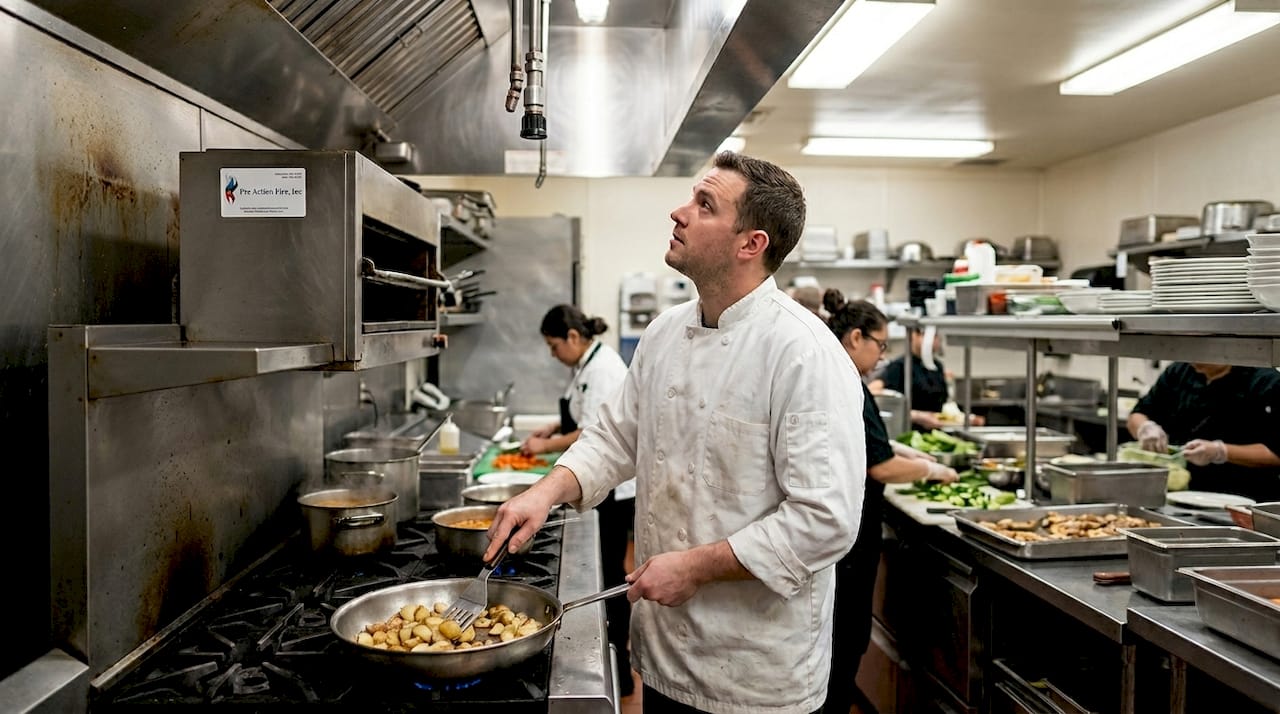 Chef inspecting kitchen fire suppression nozzle