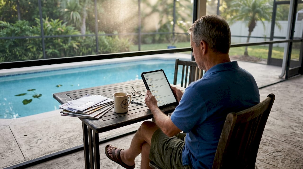 Homeowner researching contractor reviews outside