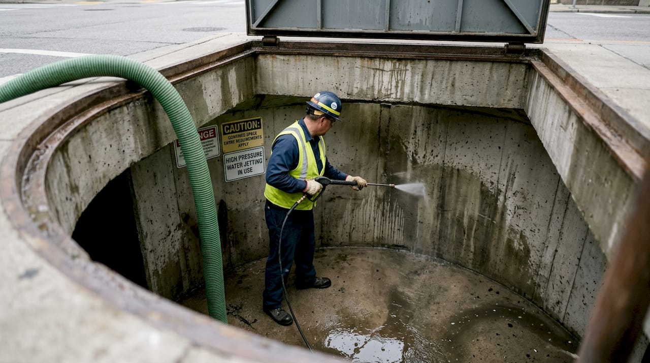 Worker water jetting in stormwater vault