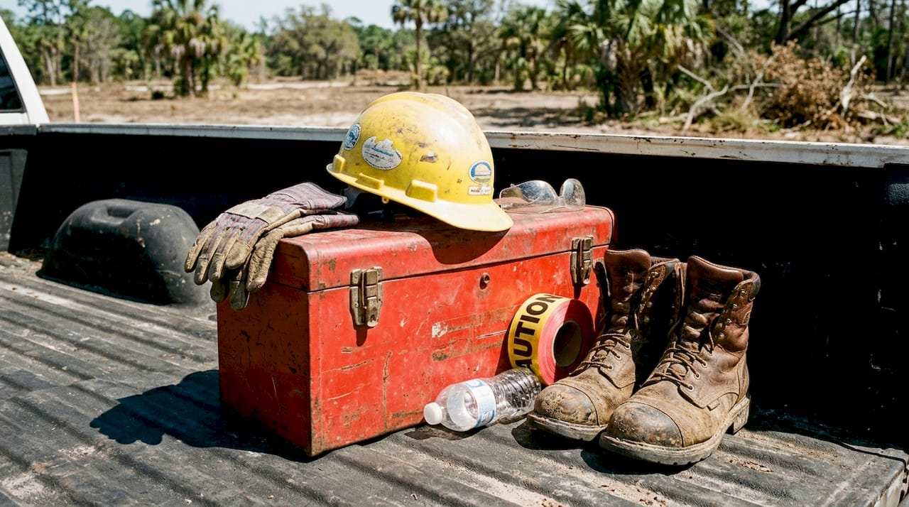 Essential land clearing safety equipment on truck