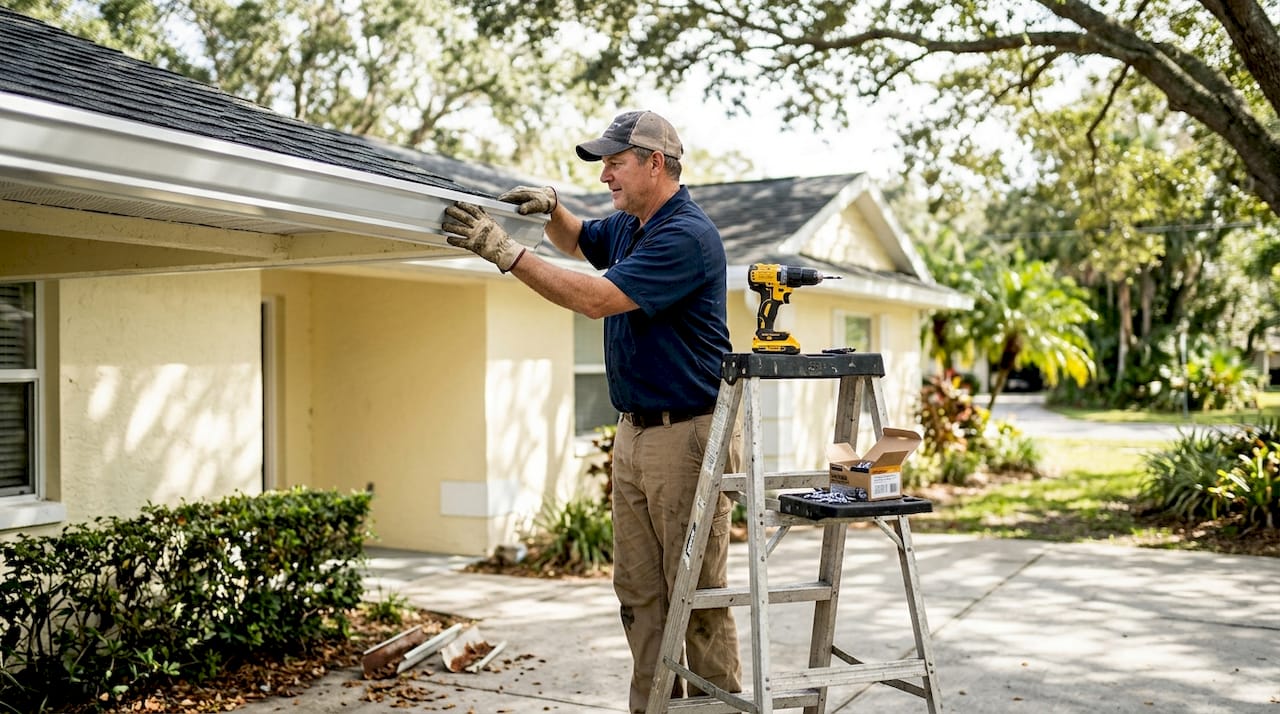 Contractor installing aluminum gutters on home