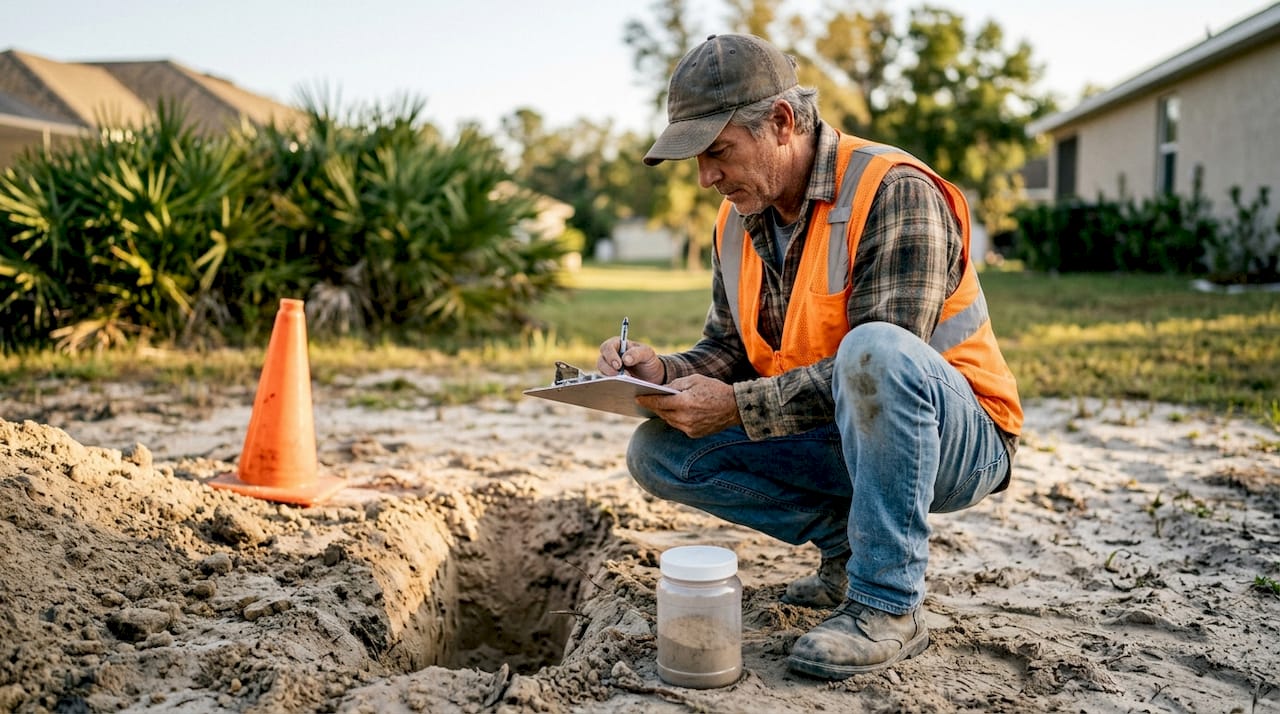 Builder checking soil for pool design