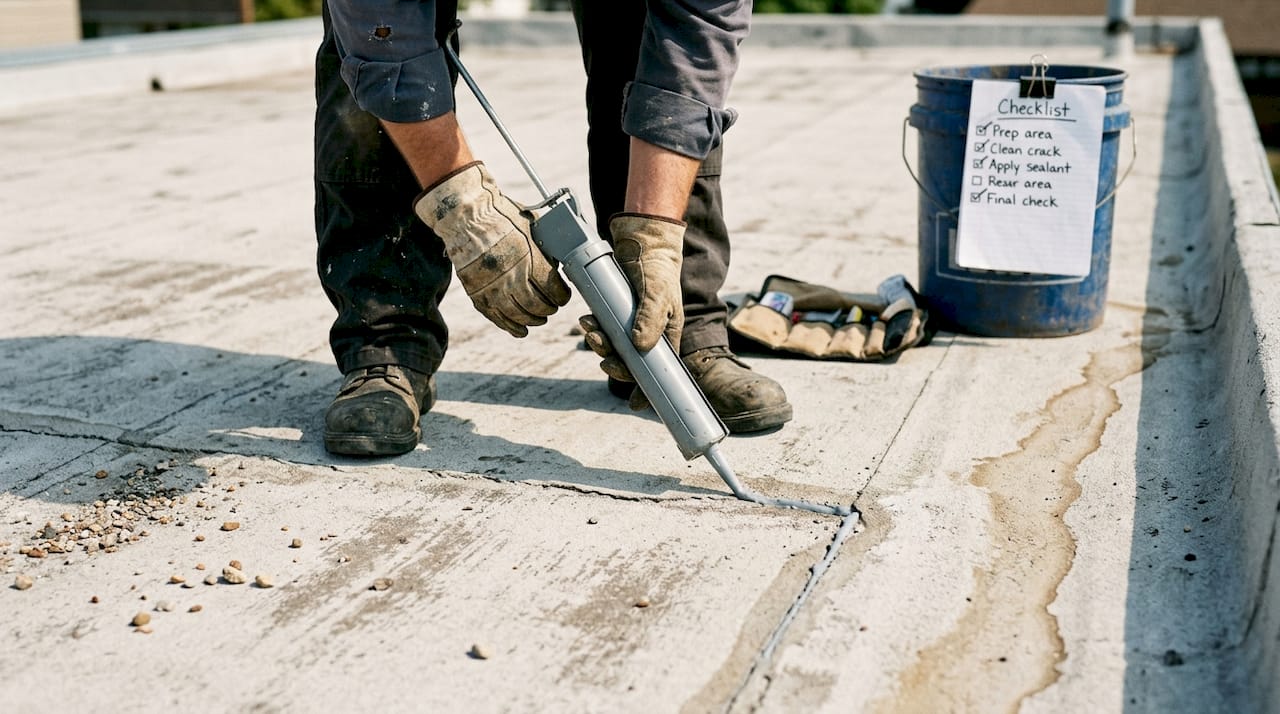 Hands applying caulk to flat roof crack