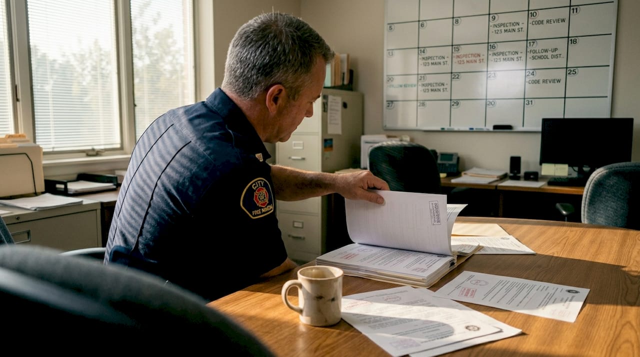 Fire marshal reviews compliance paperwork