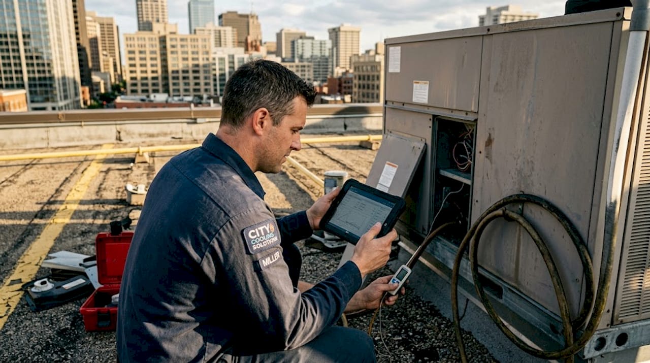 Technician inspecting energy-efficient rooftop heater