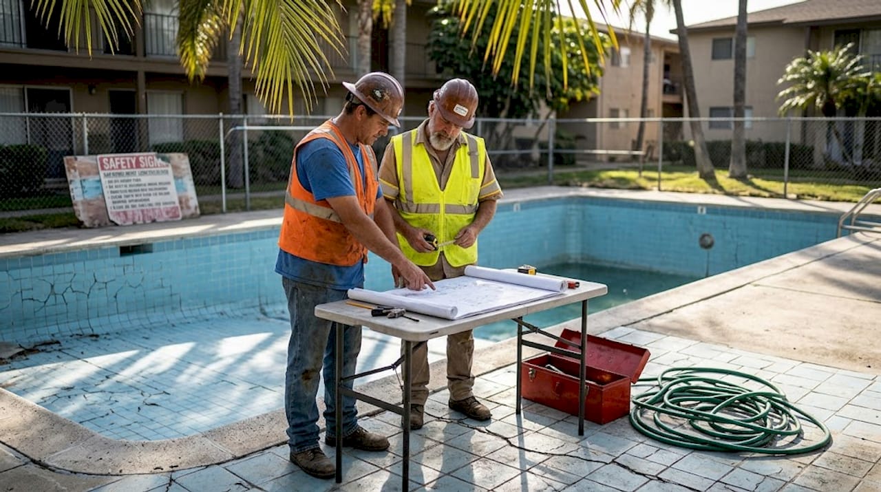 Workers review plans at apartment pool renovation