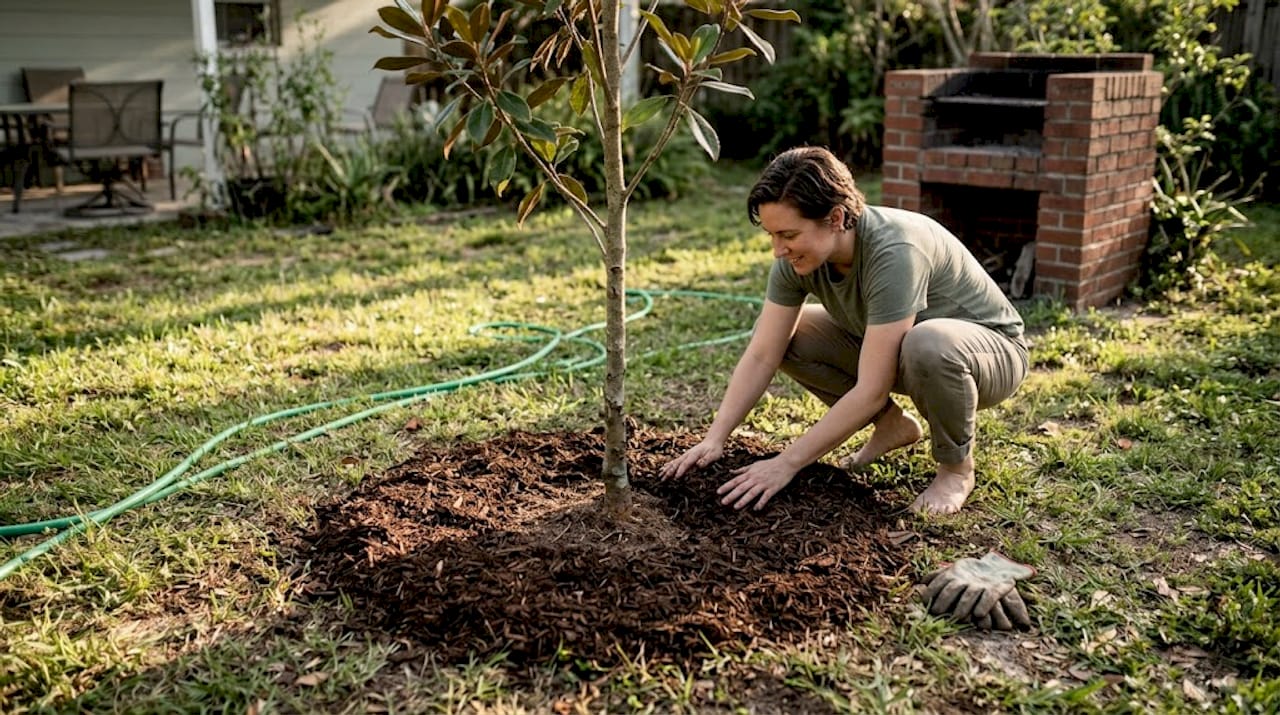 Homeowner arranging mulch around young magnolia