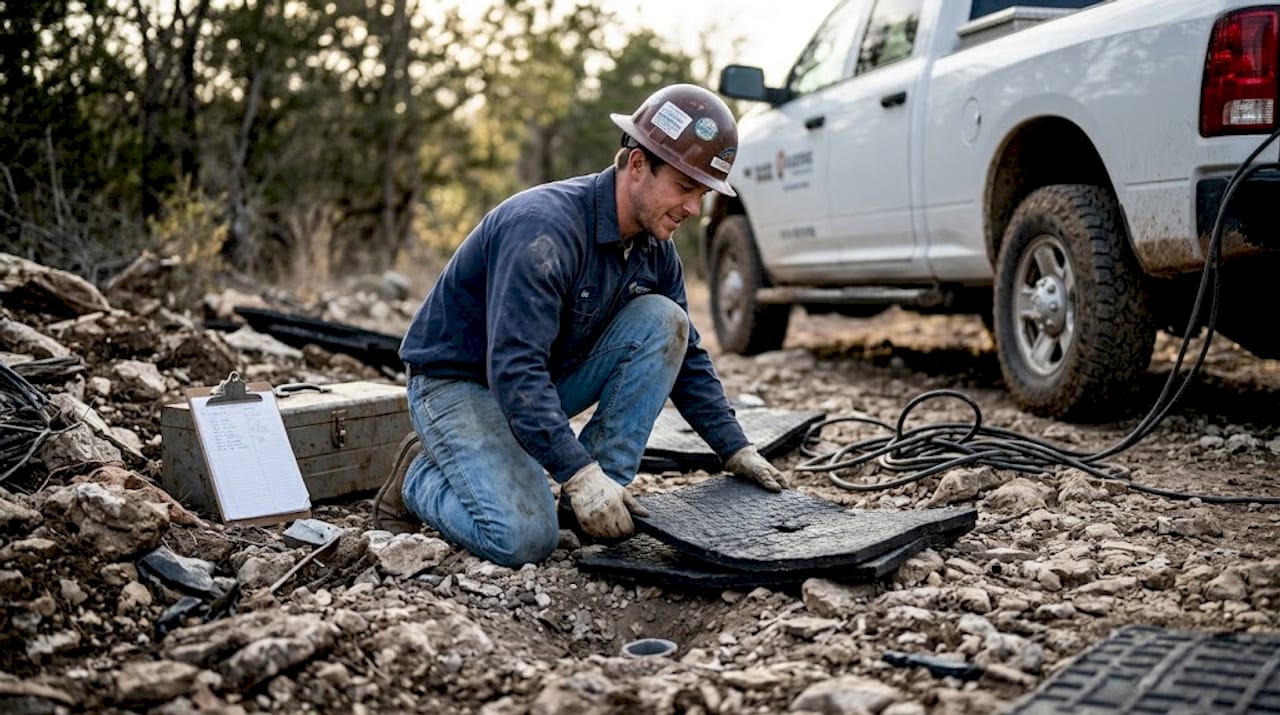 Technician placing blasting mats onsite