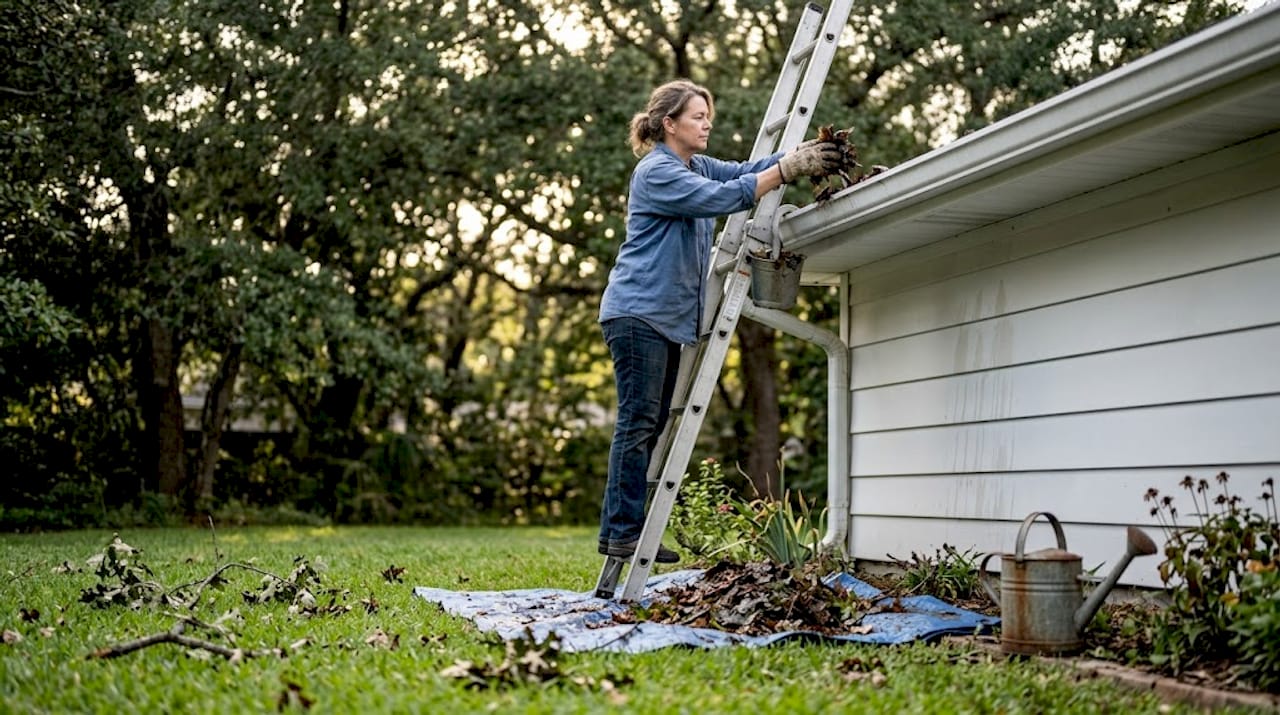 Woman cleaning gutters using ladder and gloves