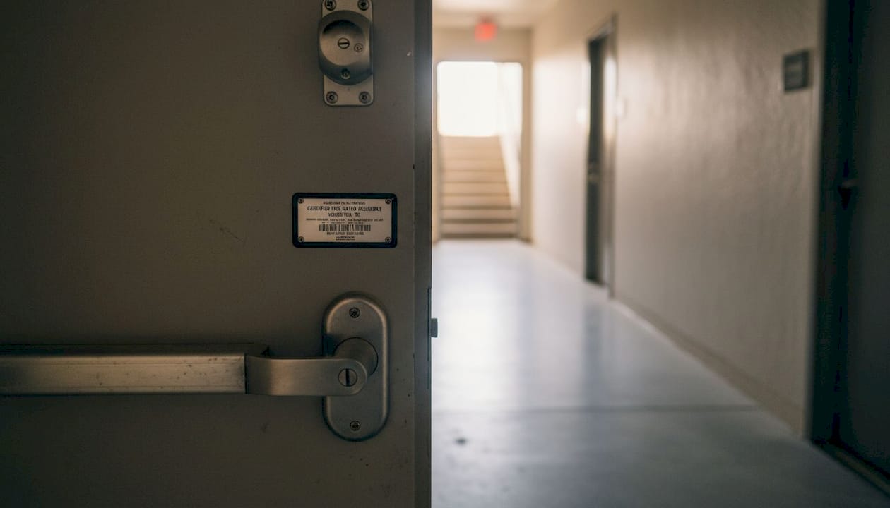 Close-up of fire door’s certification label