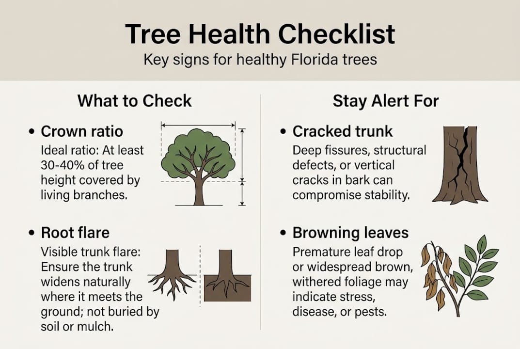 Infographic with tree health checklist and warning signs