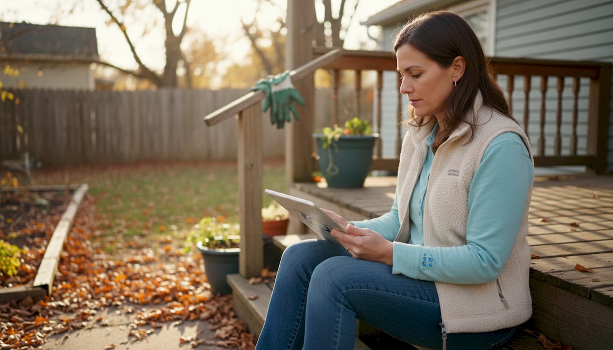 Homeowner browsing contractor site on tablet outdoors