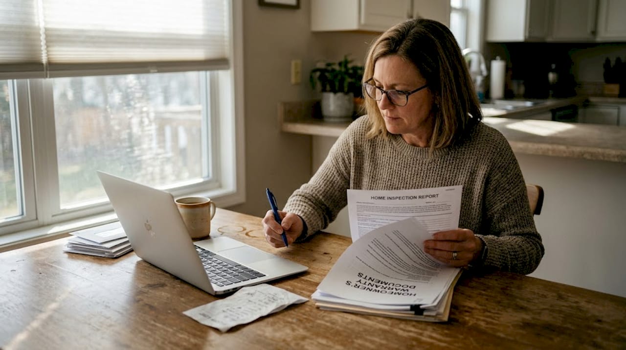 Homeowner reviews warranty paperwork in kitchen