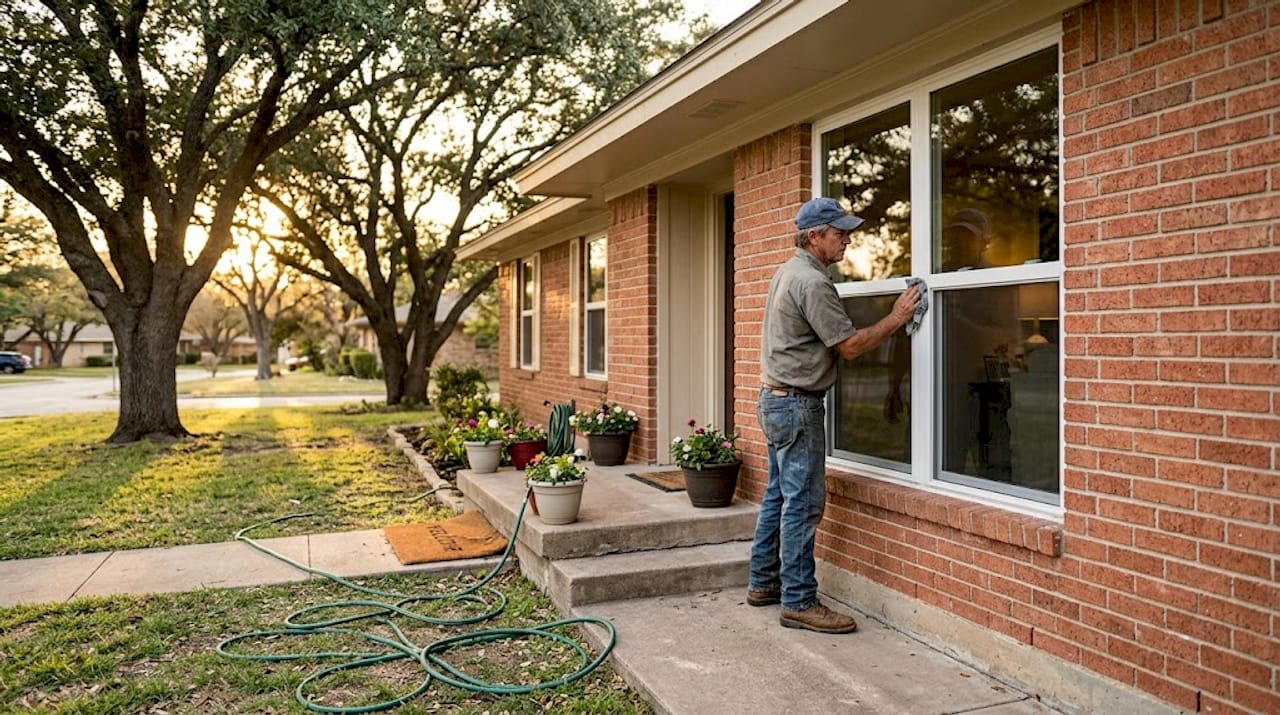 Contractor cleans new window on Texas home