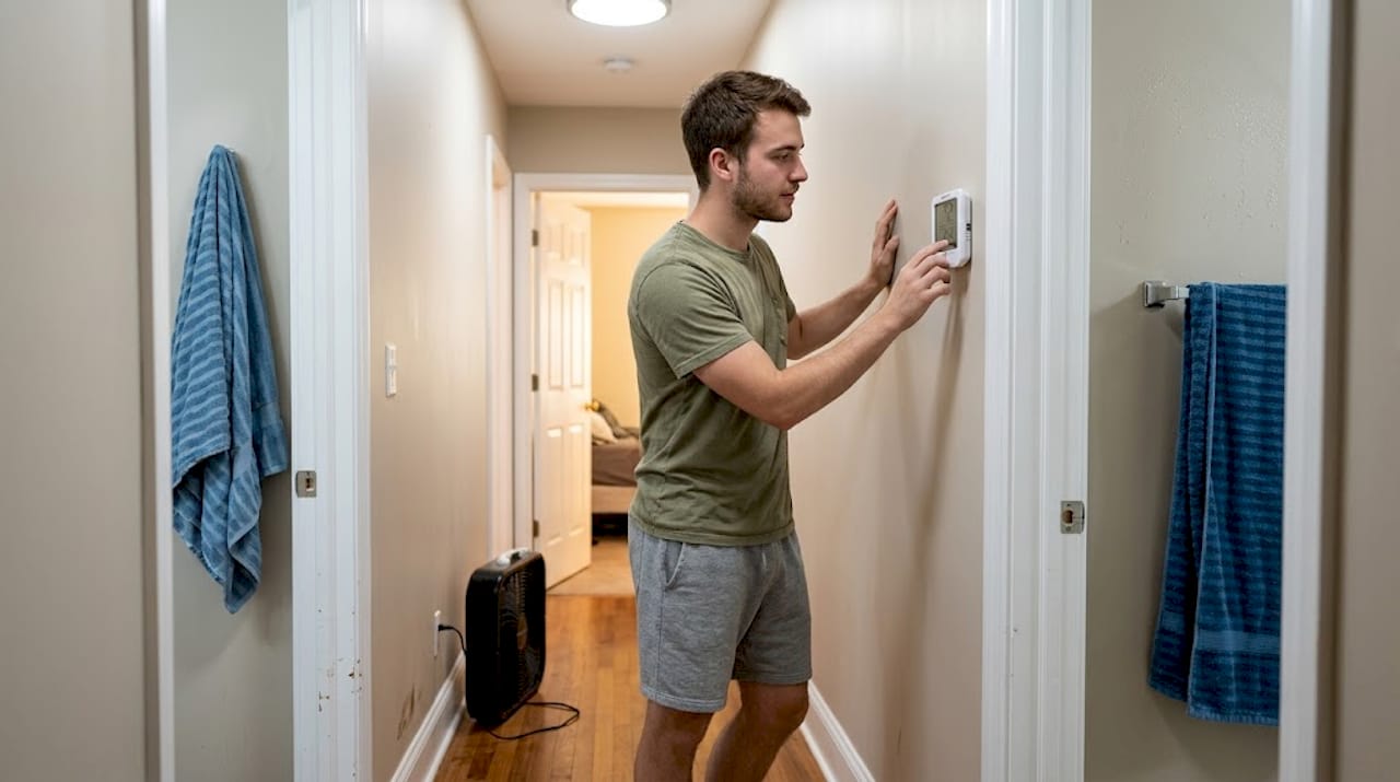 Man checking humidity in apartment hallway