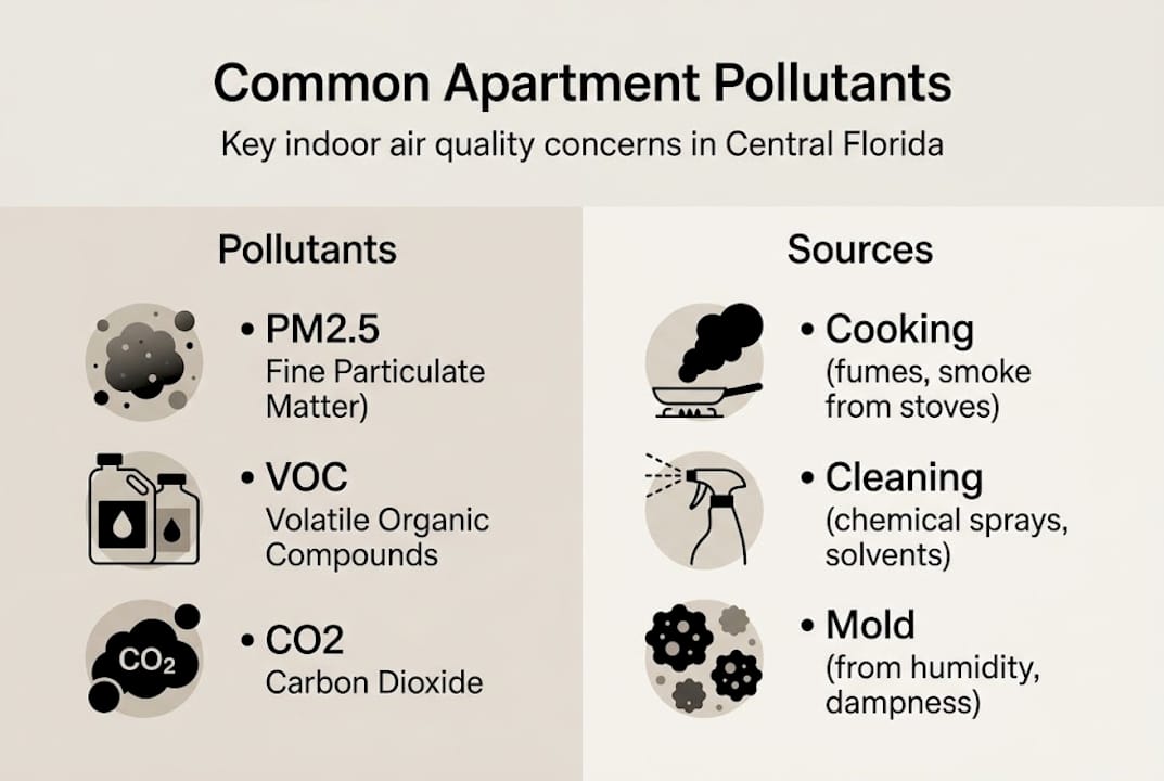 Infographic showing apartment air pollutants and sources