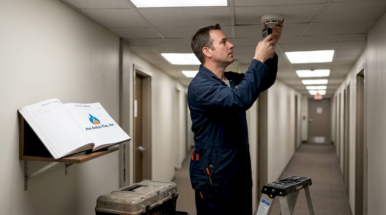 Technician testing smoke detector in hallway