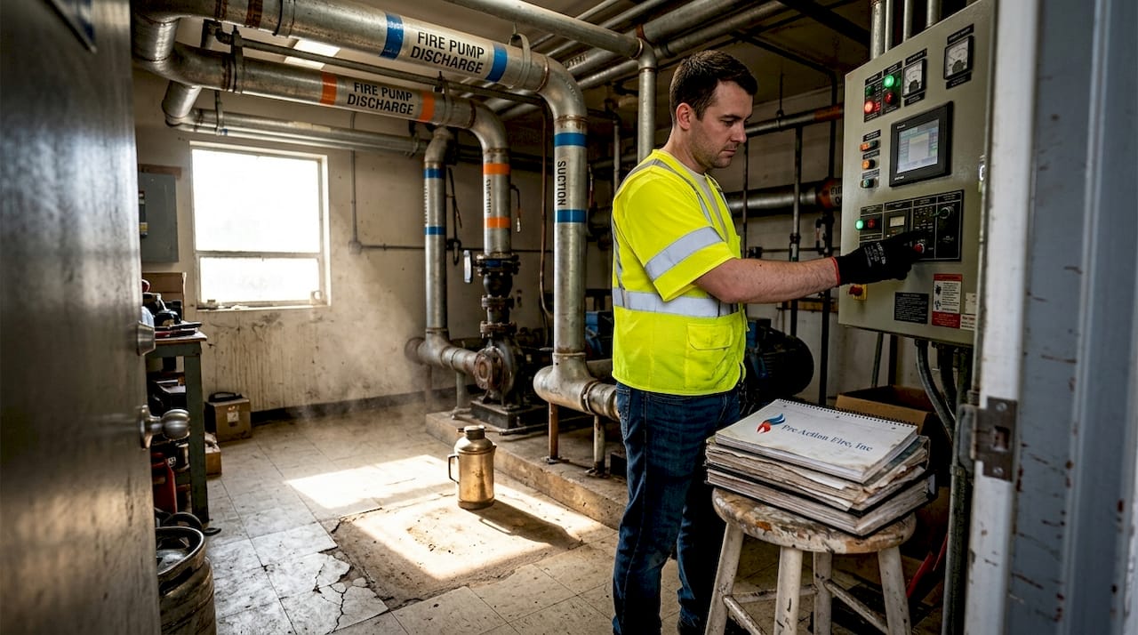 Technician running fire pump test in pump room