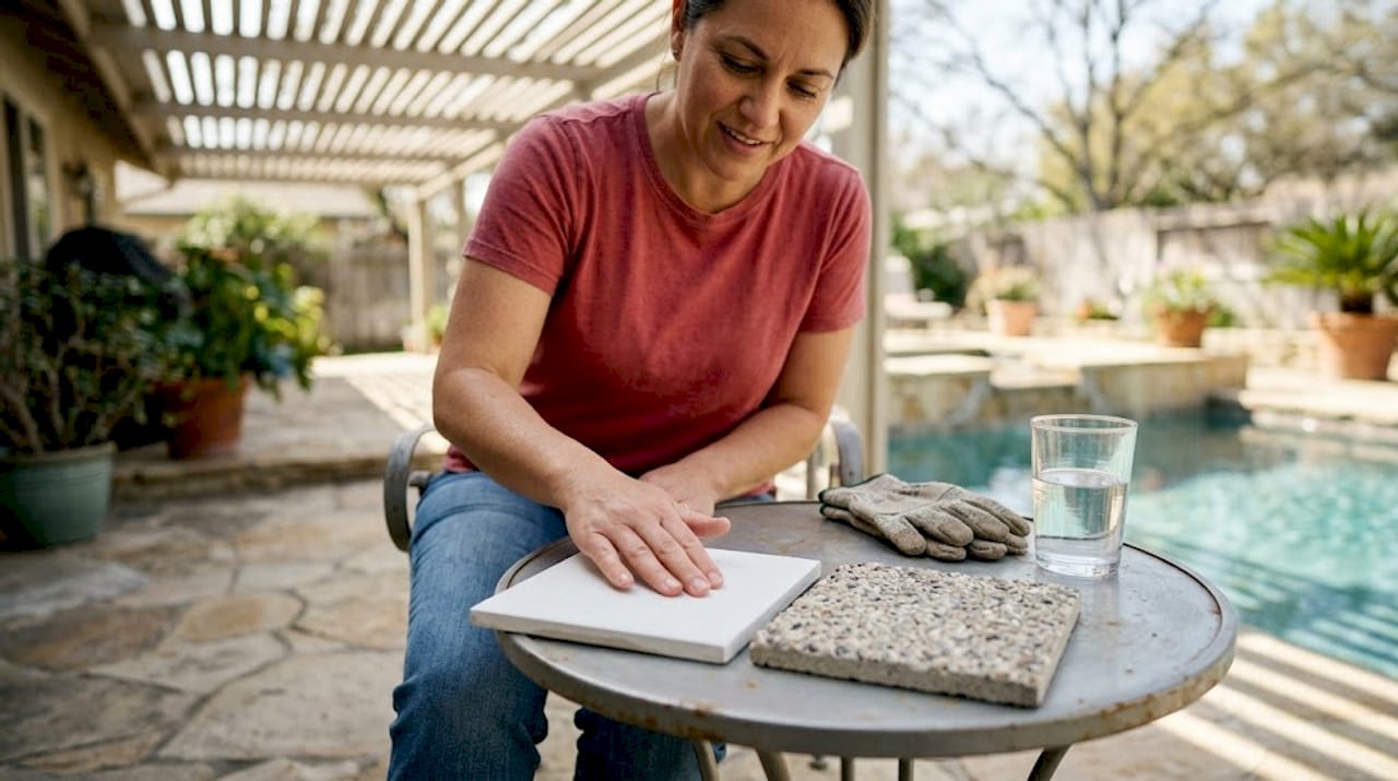 Homeowner comparing plaster and aggregate pool tile samples