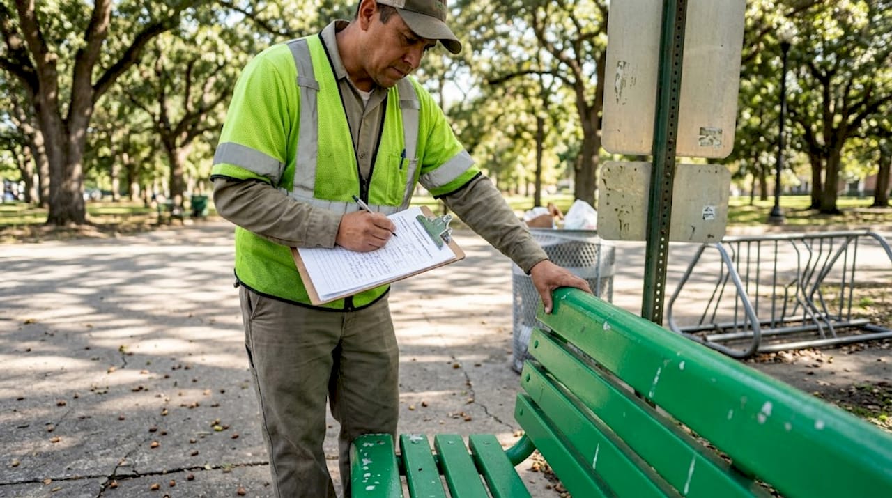 Park benches and city sign with powder coating