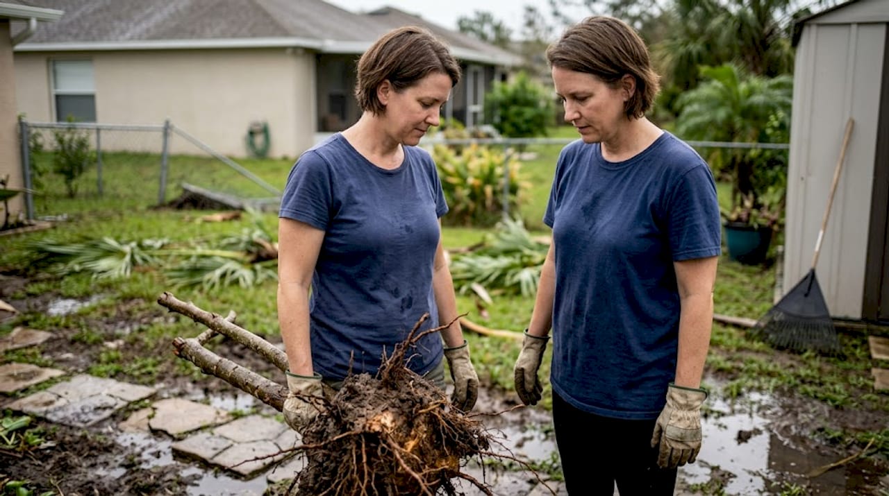 Storm-damaged tree and homeowner in yard