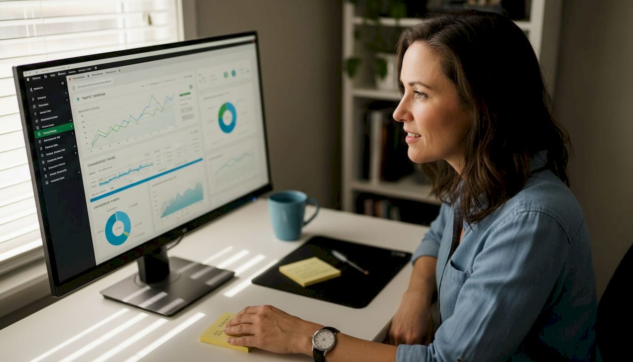 Businesswoman reviewing website analytics at desk