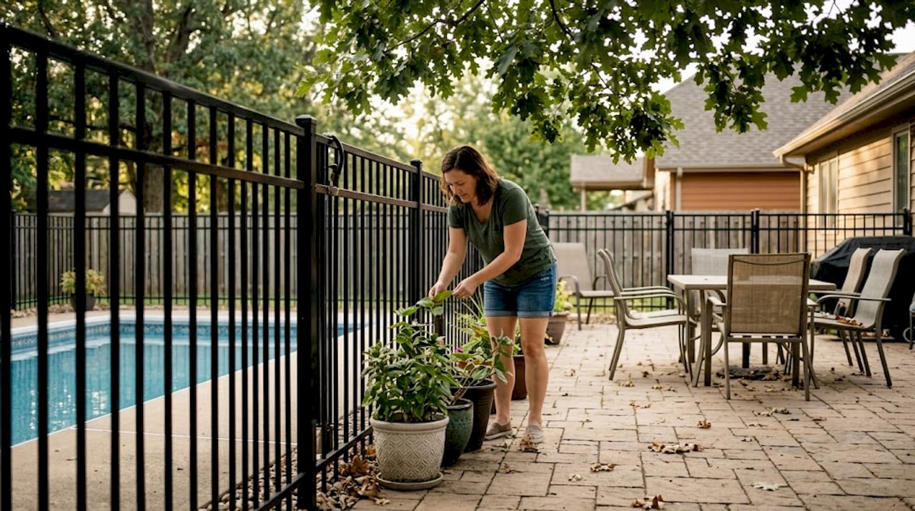 Homeowner tending plants by pool fence