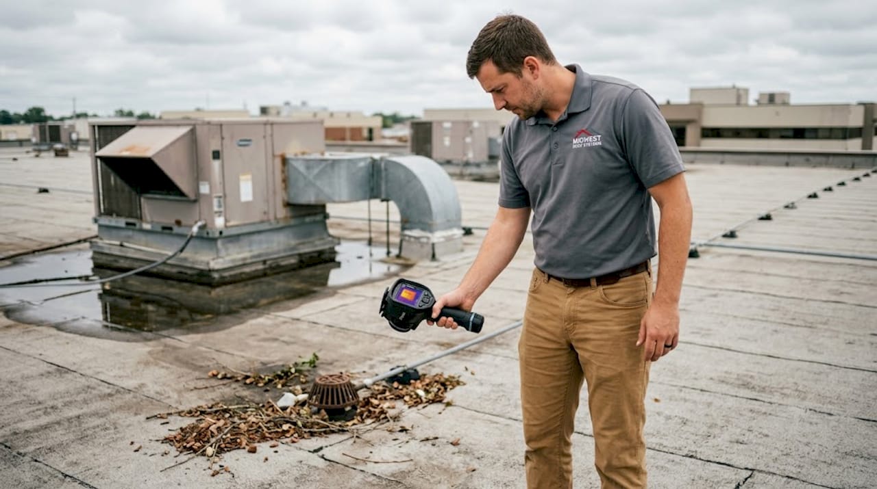 Technician using infrared camera on flat roof