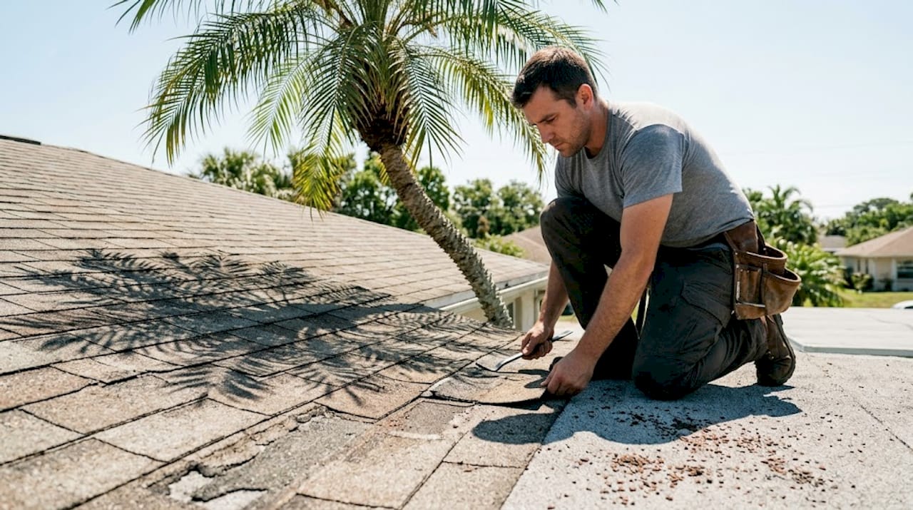 Contractor inspecting sun-damaged roof shingles