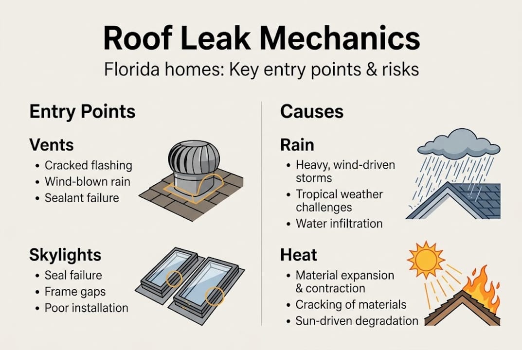 Infographic of roof leak entry points and causes