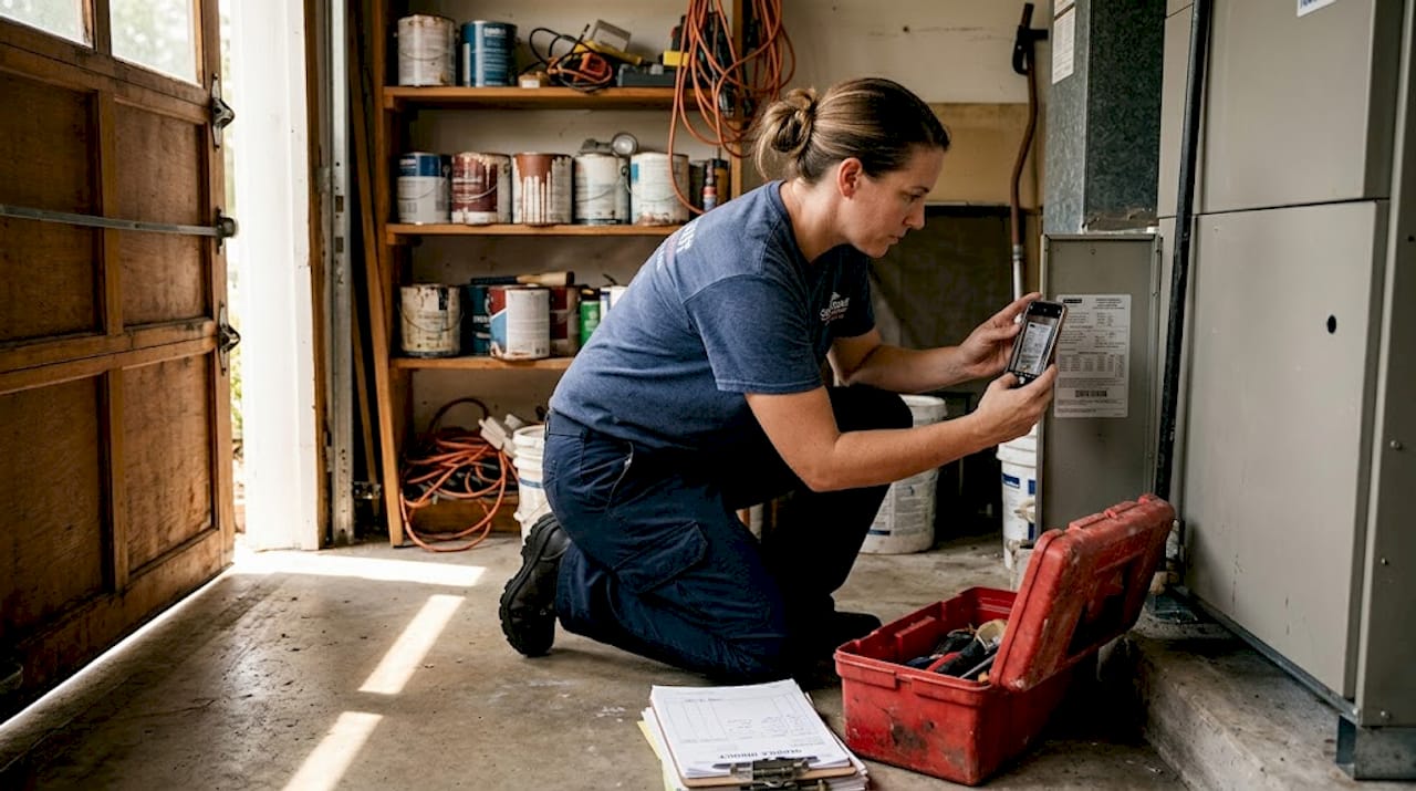 Technician taking photo of HVAC data plate